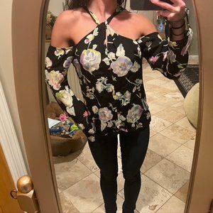 Red Haute Halter Cold Shoulder Floral Long Sleeve